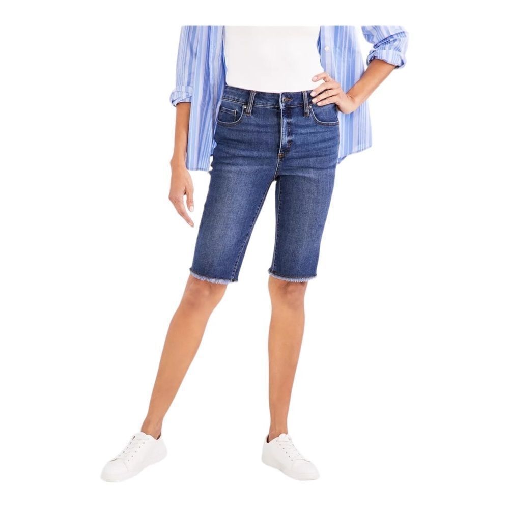 Style & Co Womens Mid-Rise Raw-Edge Bermuda Jean Shorts Blue Lapis 2 NWT